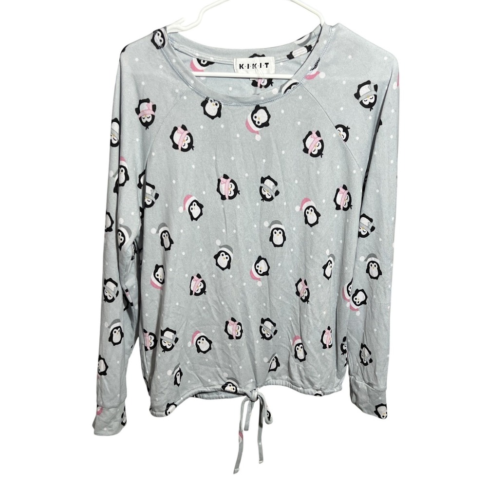 KIKIT Women's Large L Penguin Print Pullover Sweatshirt Top Light‎ Blue